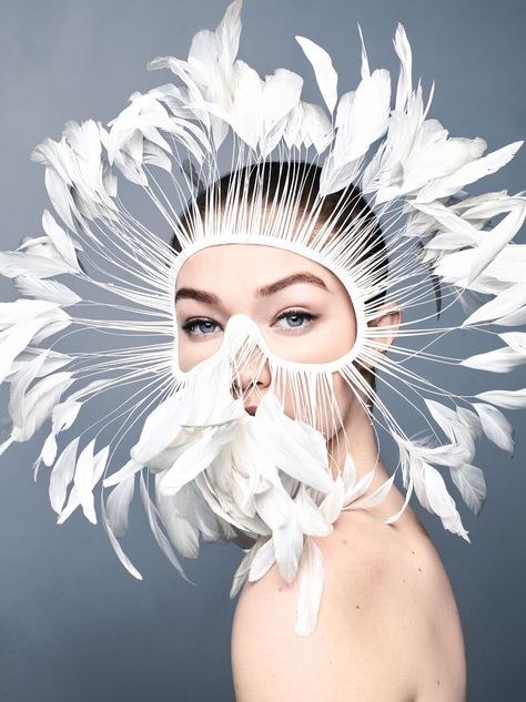 Gigi Hadid by Solve Sundsbo for Harper's Bazaar US Concept Photography Ideas Creative, Haute Couture Looks, Giambattista Valli Haute Couture, Harpers Bazaar Magazine, Feather Mask, Creative Poses, Photography Editorial, Brand Strategist, Chanel Haute Couture