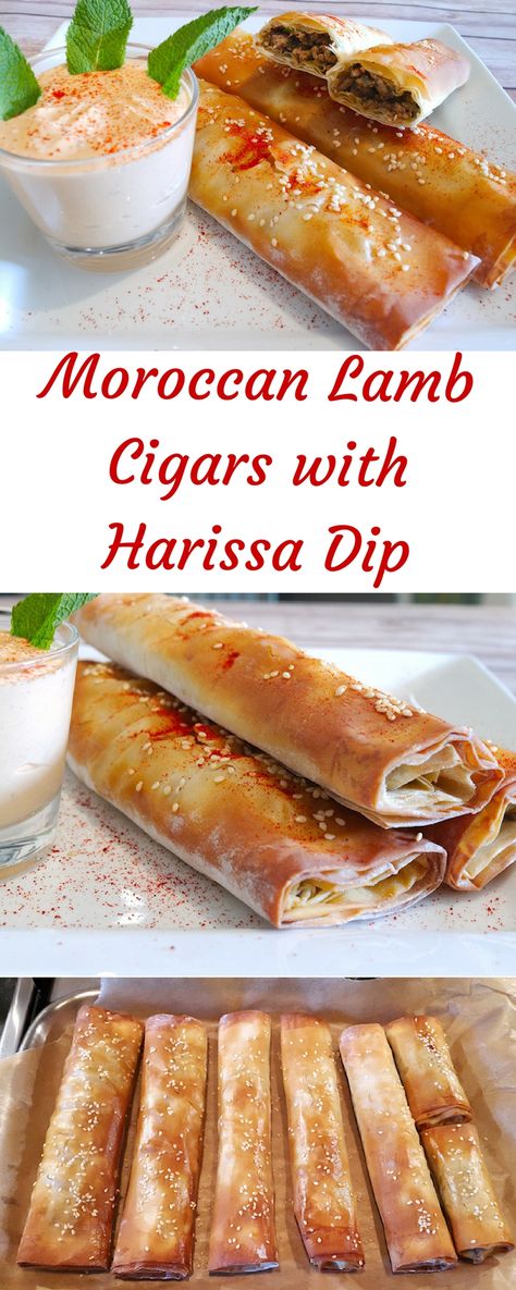 Lamb cigars,  OMIT cinnamon Moroccan Appetizers Finger Foods, Moroccan Cigars Recipe, Lamb Cigars, Moroccan Cigars, Moroccan Meals, Harissa Dip, Lebanese Dinner, Morocco Food, Moroccan Recipes