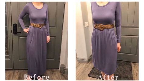 Before and after pictures of a long (ankle-length)dress and a shorter (knee-length) version of the same dress. Hem A Dress, Dresses By Pattern, Sewing Alterations, Old Dresses, Hem Dress, A Dress, Sequin Dress, Clothing Patterns, A Line Skirts