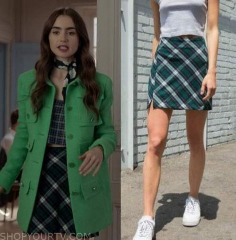 Emily in Paris: Season 1 Episode 5 Emily's Plaid Green Mini Skirt | Shop Your TV Emily In Paris Style, European Style Outfits, Emily In Paris Fashion, Emily Cooper, Emily In Paris Outfits, Parisian Look, Worn On Tv, Oufits Casual, Green Mini Skirt