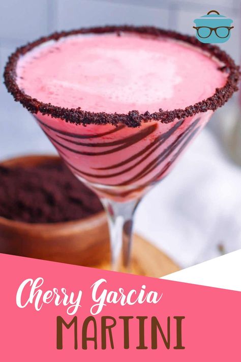 With a play on a favorite ice cream flavor, this Cherry Garcia Martini combines chocolate, Irish cream and cherry liquor to deliver a tasty, easy and delicious drink. Cherry Martini Recipe, Disaronno Cocktails, Chocolate Margarita, Alcoholic Anonymous, Cherry Garcia, Vegas Aesthetic, Unique Cocktail Recipes, Cherry Drink, Apple Cocktail