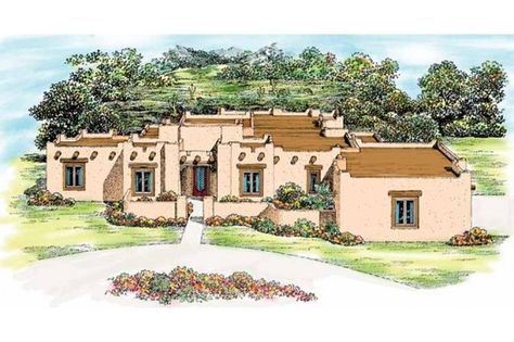 Plan #72-339 - Houseplans.com This. Adobe House Plans, Southwestern House Plans, Southwest House Plans, Southwestern House, Beach Style House Plans, Southwest House, Castle Plans, New Mexico Homes, Adobe Home