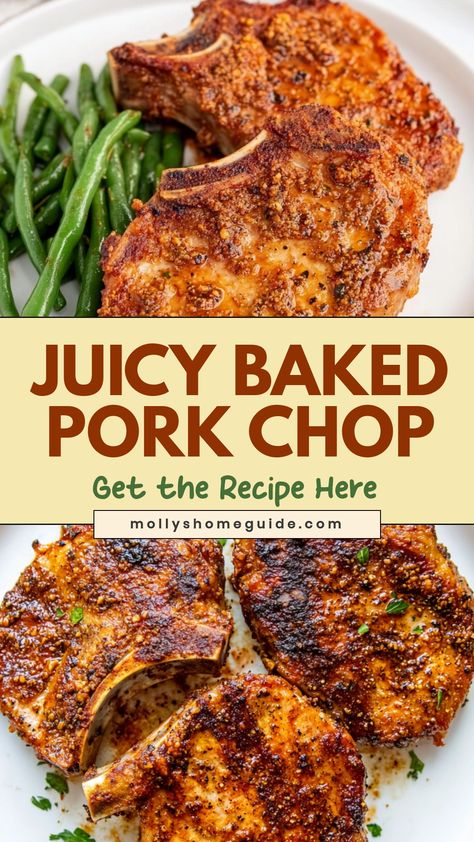 Satisfy your cravings with our mouthwatering baked pork chop recipe that will surely become a family favorite. These juicy and tender pork chops are seasoned to perfection and baked to golden perfection, creating a flavorful dish that is both easy to make and incredibly delicious. Whether you're preparing a quick weeknight dinner or hosting a special gathering, these baked pork chops are sure to impress. Serve them alongside your favorite sides for a hearty and satisfying meal that everyone will Best Pork Chop Recipes In Oven, Bobby Flay Pork Chops, Cowboy Pork Chops, Tender Juicy Pork Chops, How To Make Juicy Pork Chops, Pork Chop Seasoning Recipe, Ways To Make Pork Chops, Pork Chops In Oven Recipes, Crispy Oven Baked Pork Chops Bone In