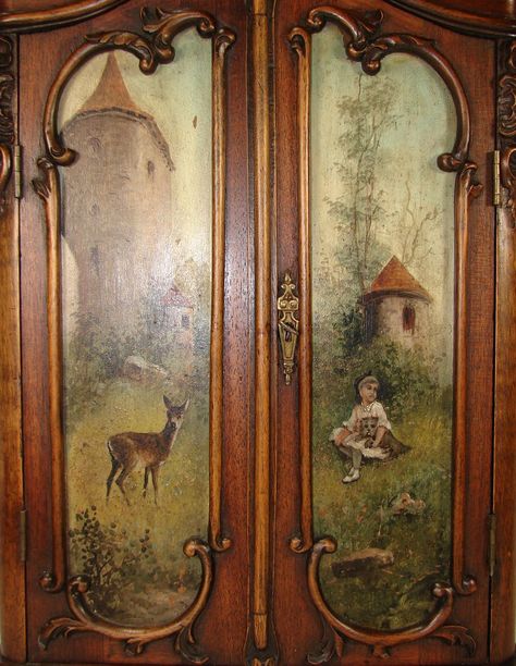 A fabulous fairy tale inspired armoire! ~Splendor Vintage Door Ideas, Armoire Painted, Painted Armoire, Diy Paint Projects, Antique Armoire, Decoupage Furniture, Vintage Doors, Vintage Door, Door Ideas