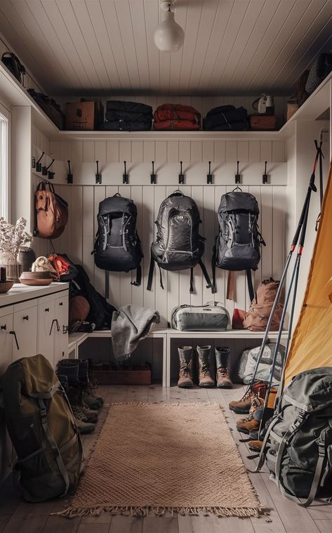 A Scandinavian-style room with a clean, minimalist backpacking gear wall and neatly arranged gear. Gear Room Ideas, Minimalist Backpacking, Outdoor Gear Storage, Camping Gear Storage, Gear Wall, Gear Room, Mud Room Entry, Gear Storage, Camping Storage