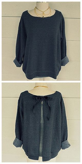 DIY Ribbon Tie Sweatshirt Refashion Tutorial from... (TrueBlueMeAndYou: DIYs for… Shirt Makeover, Sweatshirt Refashion, Skirt Diy, Diy Clothes Refashion, Mode Tips, Upcycle Sweatshirt, Tshirt Makeover, Diy Sweatshirt, Diy Vetement