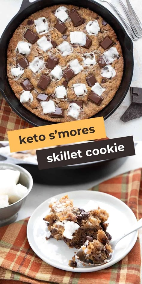 I reinvented Keto Smores as a deliciously gooey skillet cookie! It's so rich and gooey, and full of sugar free marshmallows and chopped chocolate. A must make keto dessert recipe! Keto Smores, Keto Marshmallows, Smores Recipe, Low Carb Cookies Recipes, Keto Cookie Recipes, Skillet Cookie, Keto Chocolate Chips, Sugar Free Cookies, Sugar Free Chocolate Chips