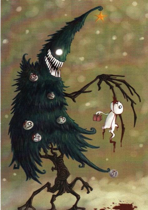 Creepy Tree Drawing, Tree Drawing Illustration, Evil Christmas, Creepy Tree, Scary Christmas, Christmas Horror, Gothic Christmas, Cartoon Santa, Creepy Christmas