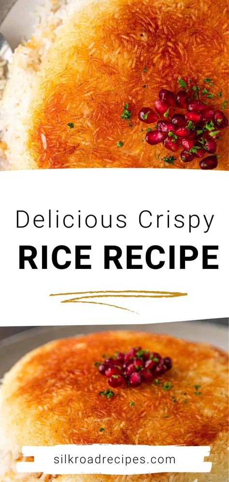 This Persian recipe for tahdig (pronounced Ta-DEEG) also known as Crispy RIce Recipe is going to rock your world! Using only a handful of simple ingredients, we transform humble rice into a crispy, crunchy masterpiece. The technique used to make tahdig might be new to you, but don’t worry — you’ll get the hang of it in no time. Once you master this basic recipe, you can craft your own version! There are Persian crispy rice recipes that include everything from fresh herbs to other ingredients. Tadig Persian Rice, Baked Crispy Rice, Tadig Rice Recipe, Crunchy Rice Recipes, Bobby Flay Crispy Rice Recipe, Arabic Rice Recipes, Tahdig Rice, Persian Crispy Rice, Persian Rice Recipe