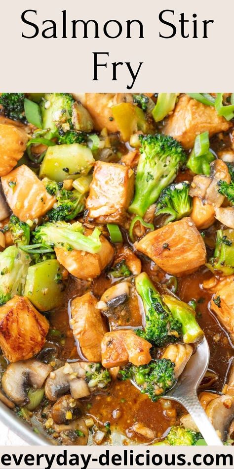 This salmon stir fry makes a delicious 30-minute dinner. Salmon may be an unusual protein for a stir fry but it works so well – it’s super quick to cook and comes out super tender and flavorful. The stir-fry sauce is easy and made with just a couple of ingredients. Mushrooms add additional flavor and broccoli crunch. You’ll love this easy and delicious dinner! Salmon Stir Fry Recipes, Stir Fry With Broccoli, Broccoli And Mushrooms, Salmon Stir Fry, Cauliflower Stir Fry, Dinner Salmon, Asparagus Stir Fry, Salmon And Broccoli, Healthy Eating Inspiration