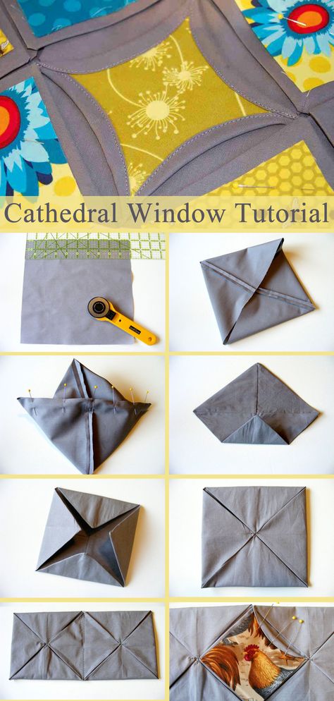 Quilt Cathedral Window Pattern, Faux Cathedral Window Quilt, Cathedral Window Pillow, Cathedral Window Quilt Patterns, Cathedral Quilt Patterns Free, Denim Cathedral Window Quilt, How To Make Cathedral Window Quilt Block, Folded Quilt Blocks, Easy Cathedral Window Quilt Tutorials