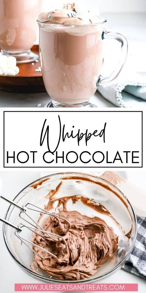 Only three simple ingredients in this delicious Whipped Hot Chocolate! Mix up your hot chocolate recipe by making this easy and delicious whipped version. Plus, it only takes a few minutes to make! Whipped Hot Chocolate, Warm Drinks Recipes, Pumpkin Hot Chocolate, Fancy Coffee Drinks, Simply Food, Homemade Hot Chocolate Mix, 3 Ingredient Desserts, Sew Crafts, Drink Garnishing