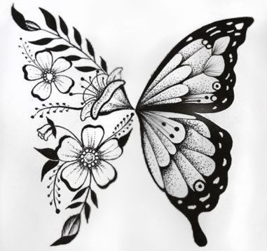 Butterfly Tattoo Designs Drawing, Butterfly And Flower Drawing, Butterfly With Flowers, Colorful Butterfly Tattoo, Butterfly Tattoos For Women, Tattoo Zeichnungen, Leg Tattoos Women, Butterfly Tattoos, Stylist Tattoos