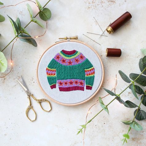 Embroider the cutest little ugly Christmas sweater | LoveCrafts Christmas Sweater Template, Step By Step Embroidery, Sweater Template, Ugly Christmas Jumpers, Sweater Embroidery, Alternative Christmas, Wooden Embroidery Hoops, Embroidery Sweater, Christmas Embroidery Designs