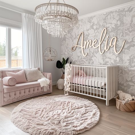 Transform your nursery into a luxurious haven with our personalized wooden name sign. This beautifully handcrafted piece adds elegance and a unique touch to your baby's room, perfectly complementing the chic decor. The custom name sign is designed with meticulous attention to detail, ensuring your nursery is both stylish and special. Explore more of our personalized decor options to complete your baby's sophisticated space. Baby Girl Nursery, Princess Nursery, Baby Nursery Inspiration, Personalized Nursery Decor, Wooden Name Signs, Baby Room Inspiration, Nursery Inspo, Nursery Room Inspiration, Dream Baby