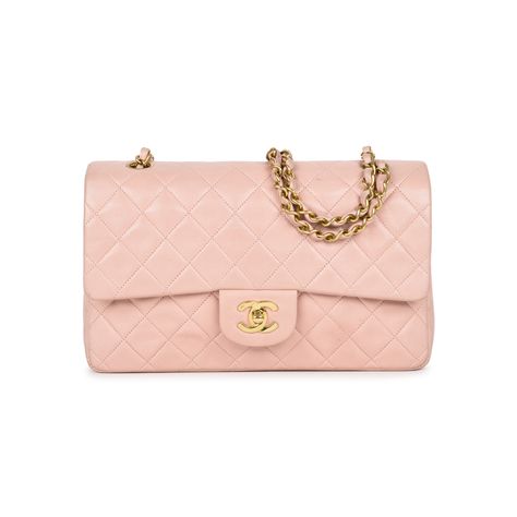 Chanel Medium Classic Double Flap bag from 1994-1996 Crafted in a light dusty rose lambskin leather and designed with their signature diamond quilted design detail. The bag also comes with their iconic leather chain straps and 'CC' turnlock closure all made from 24k gold toned hardware. It includes a back slip pocket compartment placed on the exterior, a zipped compartment on the inner top flap, and the main compartment itself comes with three different other slip compartments secured by a sing Light Pink Purse, Handbags Chanel, Quilted Purses, Chanel Purse, Quilted Handbags, Pink Chanel, Pink Handbags, Pink Purse, Vintage Chanel