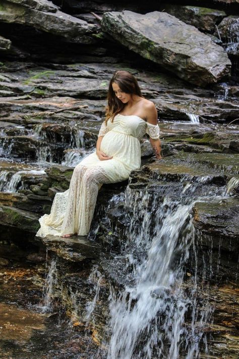 Maternity Photo Shoot Waterfall, Water Fall Maternity Shoot, Stream Maternity Pictures, Maternity Jungle Photoshoot, Maternity Photo Shoot Ideas Waterfall, Maternity Photoshoot Waterfall, Maternity Shoot Waterfall, Maternity Photos Waterfall, Forrest Maternity Photoshoot