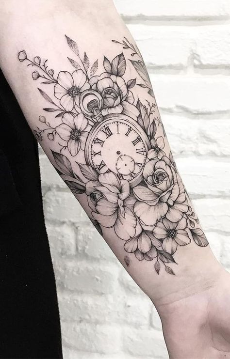 Rosen Tattoo Frau, Pocket Watch Tattoos, Clock Tattoo Design, Tattoos For Women Half Sleeve, Watch Tattoos, Leg Tattoos Women, Clock Tattoo, Thigh Tattoos Women, Memorial Tattoos