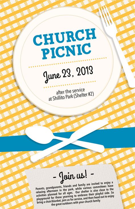 Church Picnic by Marrianne Russell, via Behance Picnic Invitations, Church Fellowship, Church Picnic, Lake Party, Church Inspiration, Fall Picnic, Church Graphics, Church Poster, Church Activities