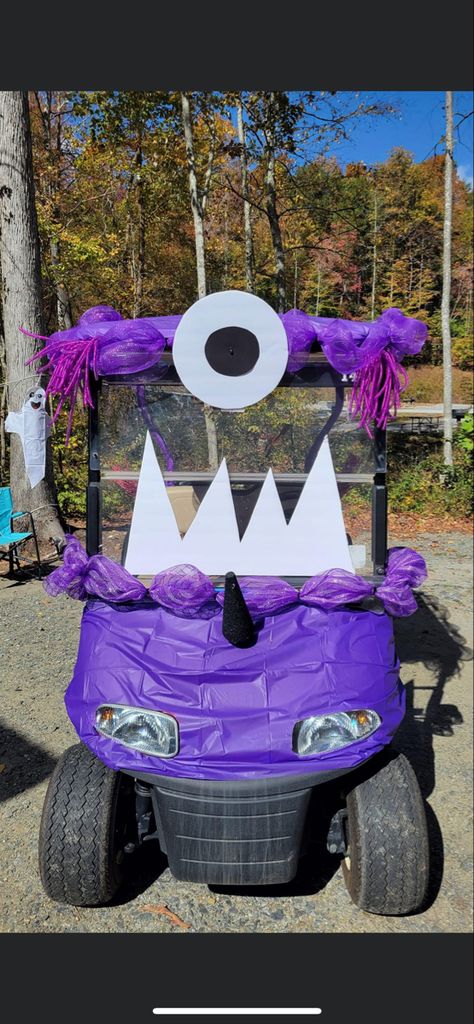 Decorating Golf Carts Ideas, Halloween Golfcart Ideas, Diy Halloween Golf Cart Decorations, Golf Cart Halloween Ideas, Halloween Golf Cart Decorations Ideas, Trunk Or Treat Golf Cart, Golf Cart Halloween Decorations, Halloween Decorated Golf Carts, Decorated Golf Cart Ideas