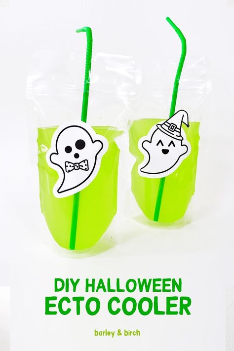 Our healthier DIY Ecto-Cooler recipe - with a cute dress-up ghost sticker printable. Perfect for a kids Halloween party! | via barley & birch | via @barleyandbirch Ecto Cooler, Kids Halloween Party, Sticker Printable, Easy Birthday, Blue Food Coloring, Juice Boxes, Halloween Books, Blast From The Past, Unique Kids