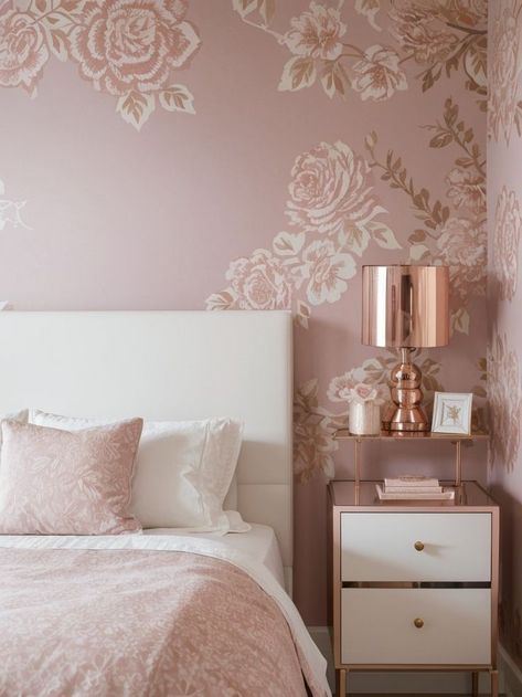 Liven up a mauve girls bedroom with a trendy accent wall. Try using removable wallpaper in a bold floral or geometric pattern for added style. Complete the look with modern white furniture and accents in gold or rose gold for a sophisticated touch. Mauve Girls Bedroom, Gold Themed Bedroom, Modern White Furniture, Gold Accents Bedroom, Soccer Themed Bedroom, Gold Paint Colors, Gold Accent Wall, Rose Gold Painting, Rose Gold Wallpaper