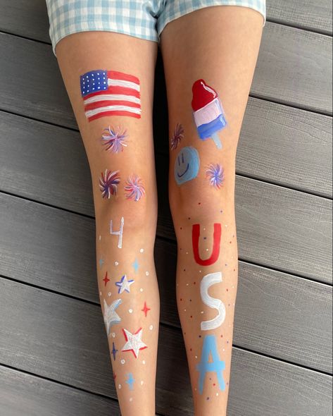 Things To Paint On Your Legs For Fourth Of July, Fourth Of July Paint Ideas, 4th Of July Eye Makeup Simple, Usa Painted Jeans, Forth Of July Paint Ideas, Fourth Of July Leg Painting Ideas, Fourth Of July Tattoo Ideas, Forth Of July Leg Painting, Usa Leg Paint Ideas