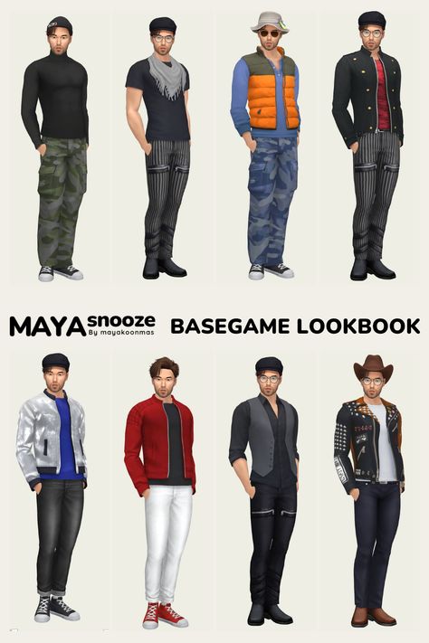 Basegame/  NOCC/ Mod-Free. CC Hair by JohnnySims. Sims 4 Base Game Outfits Ideas, Sims4 Lookbook, Ts4 Lookbook, Sims Outfits, Sims Inspiration, Cc Hair, Sims Building, Sims Four, Sims4 Clothes