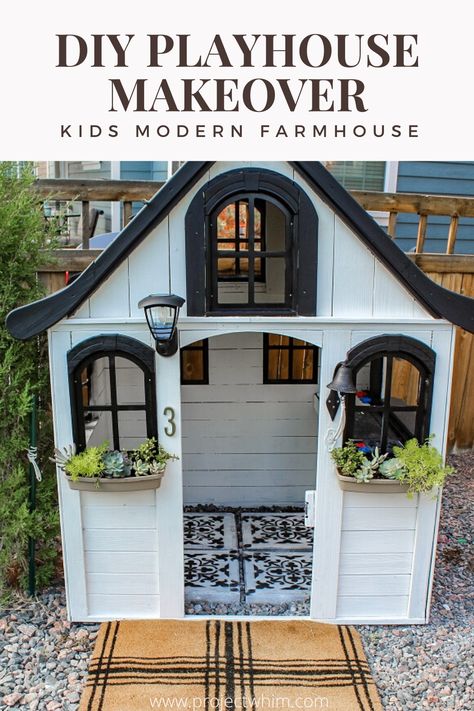 Diy Kids Playhouse Makeover.  how to update a kids outdoor playhouse.  How to turn your kids playhouse into a modern farmhouse. DIY hOme projects for kids.  Outdoor toys.  #kids #diyhomeprojects #kidtoys #outdoorplayhouse #kidsplayhouse #makeover Modern Kids Playhouse, Wooden Playhouse Makeover, Outdoor Playhouse Makeover, Outdoor Playhouse Interior, Kids Outdoor Playhouse, Kids Playhouse Makeover, Diy Playhouse Makeover, Playhouse Remodel, Diy Kids Playhouse