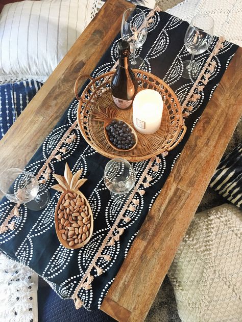 Boho Table Runner For Dresser, Moroccan Breakfast Table, Moroccan Dinner Table, Boho Farmhouse Table Runner, Pineapple Dishes, Moroccan Lantern Table, Wood Pineapple, Wine With Friends, California Casual Style