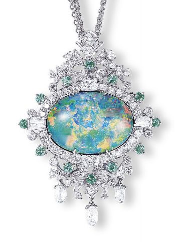 A BLACK OPAL, ALEXANDRITE AND DIAMOND PENDENT NECKLACE/BROOCH, BY MITSUO KAJI. Horizontally-set with a detachable black opal pendant weighing 19.14 carats, within a pierced pavé-set diamond and circular-cut alexandrite surround, flanked by tapered baguette and trapeze-cut diamonds, with 49.0 cm long necklace. Signed MK for Mitsuo Kaji. Price Realized   HK$500,000 (Set Currency) ($64,701). Black Opal Pendant, Diamond Pendent, Jewelry Auction, Pendent Necklace, Fabulous Jewelry, Gems Jewelry, Gorgeous Jewelry, Precious Jewelry, Opal Pendants