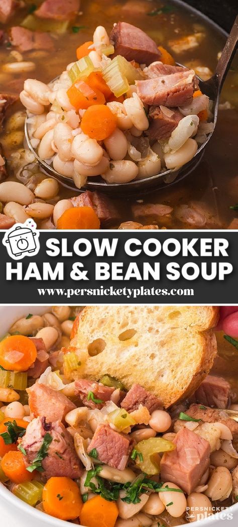 Slow cooker ham bean soup is made with a tasty combination of salty ham, buttery beans, and veggies slow-cooked in a savory, seasoned chicken broth. It's loaded with protein and fiber, so it's filling, satisfying, and delicious!