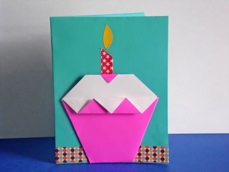 Easy #origami birthday card for #kids to make Origami Cards Birthday, Origami Cupcake, Birthday Origami, Origami Birthday Card, Indowestern Outfits, Cupcake Birthday Cards, Origami Cards, Kids Origami, Cute Origami