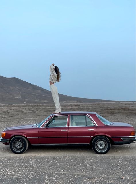 Editorial Car Photoshoot, Red Car Photoshoot, Red Truck Photo Shoot, Photoshoot With Old Car, Vintage Photoshoot Aesthetic, Old School Car Photoshoot, Mallorca Photoshoot, Red Car Aesthetic, Old Car Photoshoot