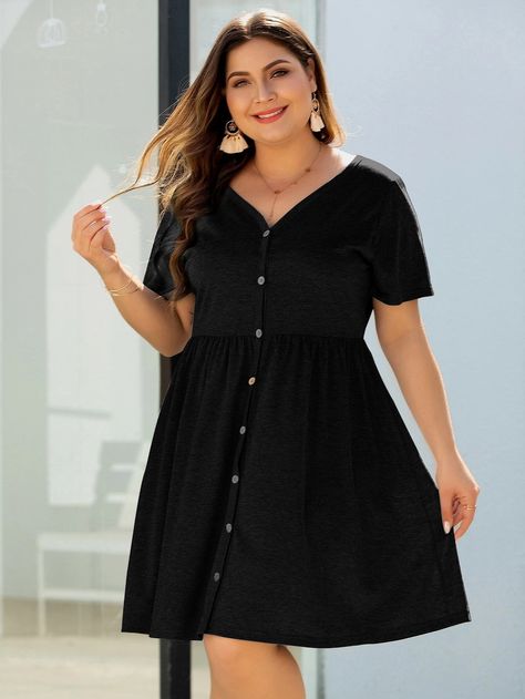 Plus Button Front V-neck Dress | SHEIN USA Plus Size Smock Dress, Preppy Prom, Smocked Dresses, Business Formal Dress, Formal Dresses Gowns, Button Front Dress, Frock Design, Professional Dresses, Ruffle Hem Dress