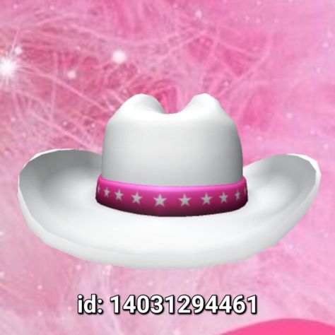 "Starry White Cowboy Hat w Pink Band". Brookhaven, Berry Avenue, Bloxburg. White Berry Avenue Codes, Barbie Berry Avenue Codes, Cowboy Accessories, Blocksburg Outfit Codes￼, White Cowboy Hat, Preppy Decal, Barbie Hat, Pink Cowboy Hat, Roblox Code