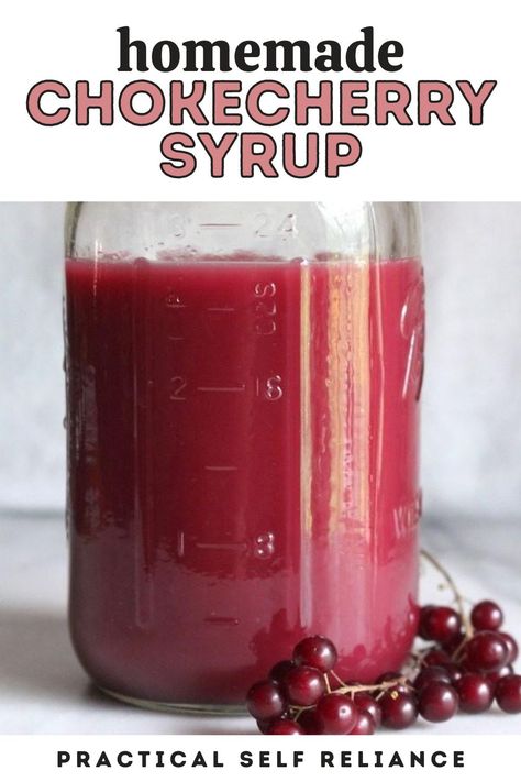 Chokecherry syrup is a simple way to preserve summer chokecherries with minimal effort. No need to pit the fruit, just extract the juice, add sugar, and enjoy. This simple wild fruit syrup recipe will keep in the refrigerator a few weeks, but canning is recommended for long term storage. Chokecherry Syrup Recipe, Wild Black Cherry Recipes, Chokecherry Juice, Chokecherry Jam, Chokecherry Recipes, Canning Juice, Black Cherry Recipes, Aronia Berry Recipes, Fruit Syrup Recipe