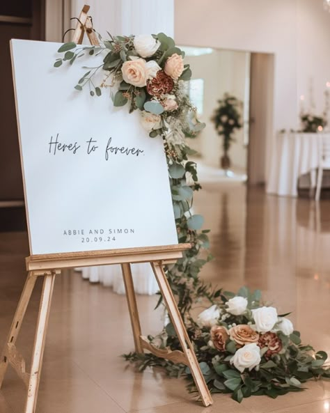 Here's to forever... ✨ Wedding Foyer, Wedding Easel, Large Welcome Sign, Wedding Welcome Board, Minimalist Wedding Decor, Invite Ideas, Background Colours, Large Wedding, Personalized Wedding Sign