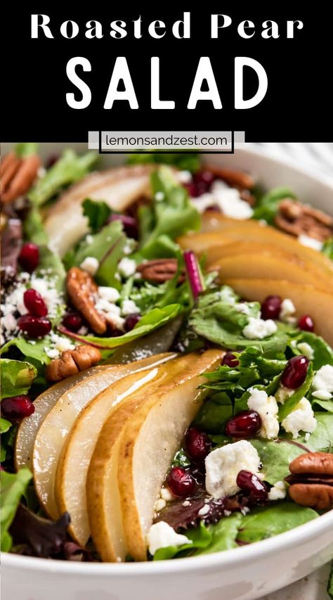 A fresh, simple salad everyone will love. This Roasted Pear Salad with a simple white balsamic dressing is full of flavor, crunchy pecans and pairs well with any dinner. Add grilled chicken or salmon on top for a full meal! White Balsamic Dressing, Roasted Pear Salad, Pear Salad Recipes, Roasted Pear, White Balsamic, Fresh Salad Recipes, Salad Dressing Recipes Homemade, Simple Salad, Pear Salad