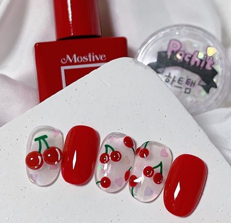 Svt Nails Design, Nail Cherry, Artist Nails, Painting Nails, Kutek Disney, Minimal Nails Art, Fake Nails Designs, Cherry Pattern, Simple Gel Nails