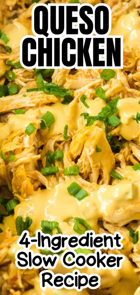 Easy and delicious Slow Cooker Queso Chicken Tacos recipe made with only 4 simple ingredients: rotel, queso, chicken breasts, and taco seasoning. They cheesy shredded chicken is a family favorite! Crock Pot Queso Chicken Tacos, Chicken And Nacho Cheese Recipes, Crockpot Pollo Loco, Boneless Chicken Recipes Crockpot, Chicken Queso Tacos Crockpot, Slow Cooker Queso Chicken Tacos, Slow Cooker Cheesy Mozzarella Chicken, Rotel Chicken Crock Pot, Queso Chicken Crockpot