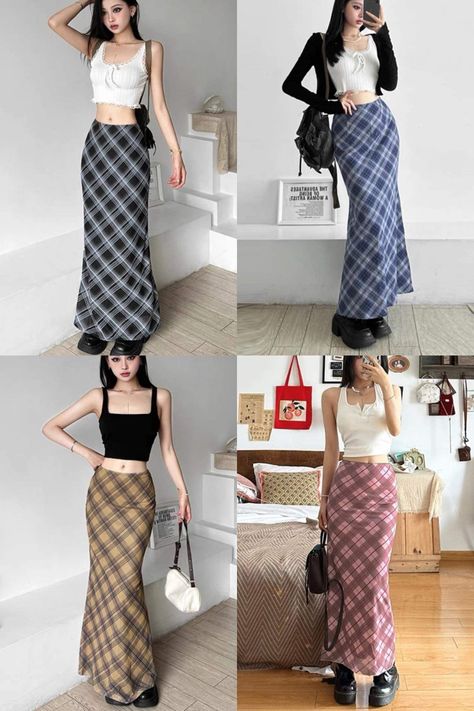 Maxi Skirt Outfit Korean, Plaid Maxi Skirt Outfit, Long Plaid Skirt Outfit, Skirt Outfit Korean, Skirt Outfits Korean, Plaid Maxi Skirt, Long Plaid Skirt, Maxi Skirt Outfit, Soft Fits