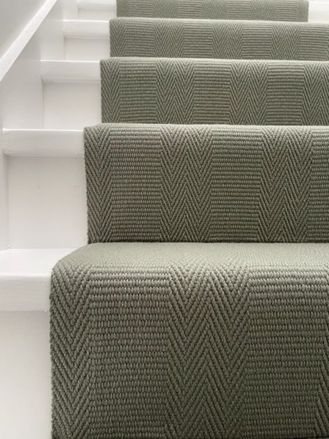 Green Stair Runner Carpet, Green Carpet Stairs, Stair Runner With Landing, Green Stair Runner, Sisal Stair Runner, Stairway Carpet, Wool Stair Runner, Patterned Stair Carpet, Carpet Staircase