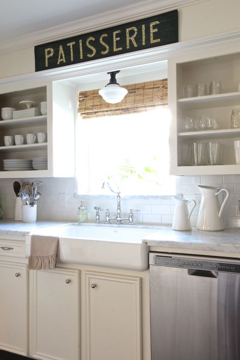 Kitchen Chronicles: A DIY Subway Tile Backsplash, Part 2 | Jenna Sue Design Blog Light Above Kitchen Sink, Kitchen Lighting Ideas For Low Ceilings, Farmhouse Kitchen Light Fixtures, Over Kitchen Sink, Above Kitchen Sink, Kitchen Sink Lighting, Kitchen Soffit, Kitchen Sink Window, School House Lighting