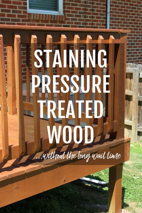 Staining Pressure Treated Wood - Tips for staining pressure treated wood without the long wait time. #outdoor #diy #staining #deck Staining Pressure Treated Wood, Outdoor Wood Stain, Wood Deck Stain, Diy Cedar Planter Box, Treated Wood Deck, Pressure Treated Deck, Deck Restoration, Diy Staining, Patio Deck Designs