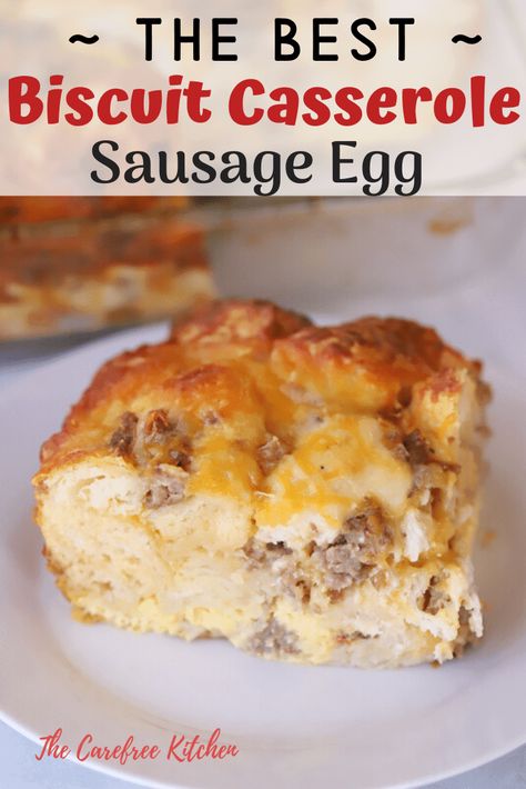 This Sausage Egg Biscuit Casserole is the ultimate breakfast recipe. It's made with crumbled sausage, eggs, cheese, and big canned homestyle biscuits. It's perfect for a large gathering or a simple Sunday morning breakfast. #thecarefreekitchen #casserole #breakfast #breakfastcasserole #sausage #biscuits #eggs #brunch Sausage Egg Biscuit Casserole, Egg Biscuit Casserole, Sausage Egg Biscuit, Potato Egg Casserole, Healthy Breakfast Baking, Christmas Morning Breakfast Casserole, Sausage Egg Casserole, Biscuit Casserole, Breakfast Casserole With Biscuits