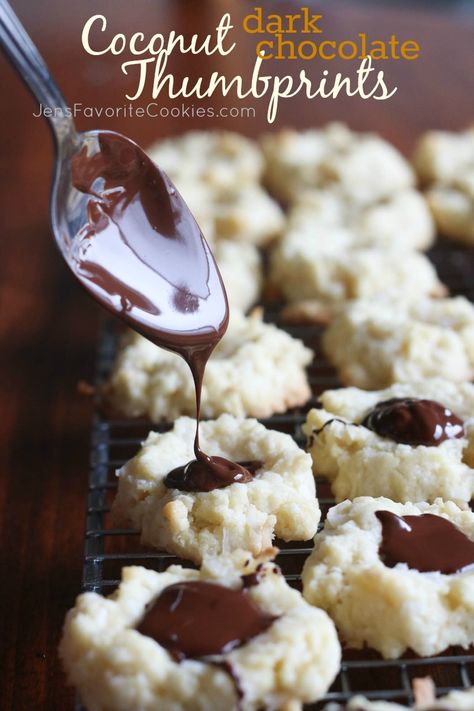 Coconut Dark Chocolate Thumbprints | Jen's Favorite Cookies Chocolate Thumbprints, Coconut Thumbprint Cookies, Chewy Bars, Baking Therapy, Valentines Cookies, Thumbprint Cookies Recipe, Dark Chocolate Cookies, Favorite Recipes Chicken, Winter Treats