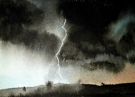 Storm Watercolor Painting, Watercolor Stormy Sky, Watercolor Dark Background, Stormy Sky Illustration, Indian Ink Art Ideas, Thunderstorm Watercolor, Dark Watercolor Paintings, Stormy Painting, Watercolor Lightning