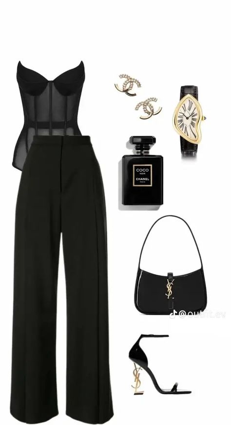 Lookbook Outfits Party, Elegant High Class Outfit, Fancy Outfits Png, Pretty Office Outfits, Channel Outfits Classy, Night In Paris Theme Party Outfit, Date Evening Outfit, Ysl Outfit, Glamouröse Outfits