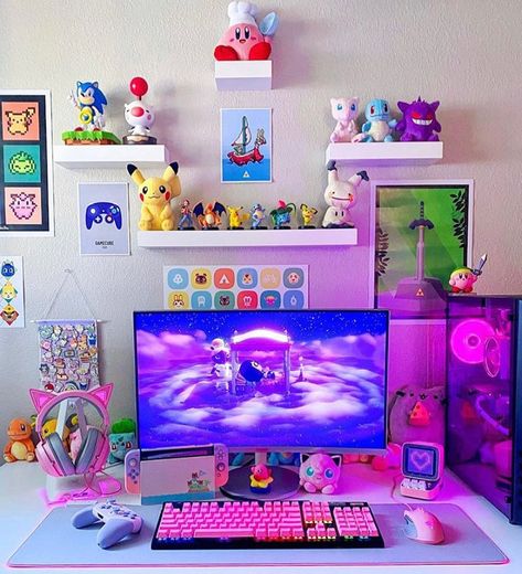 Zelda Super Smash Bros, Minecraft Pokemon, Aesthetic Setup, Nintendo Aesthetic, Pokemon Bedroom, Pokemon Decor, Game Station, Games Room Inspiration, Geek Room